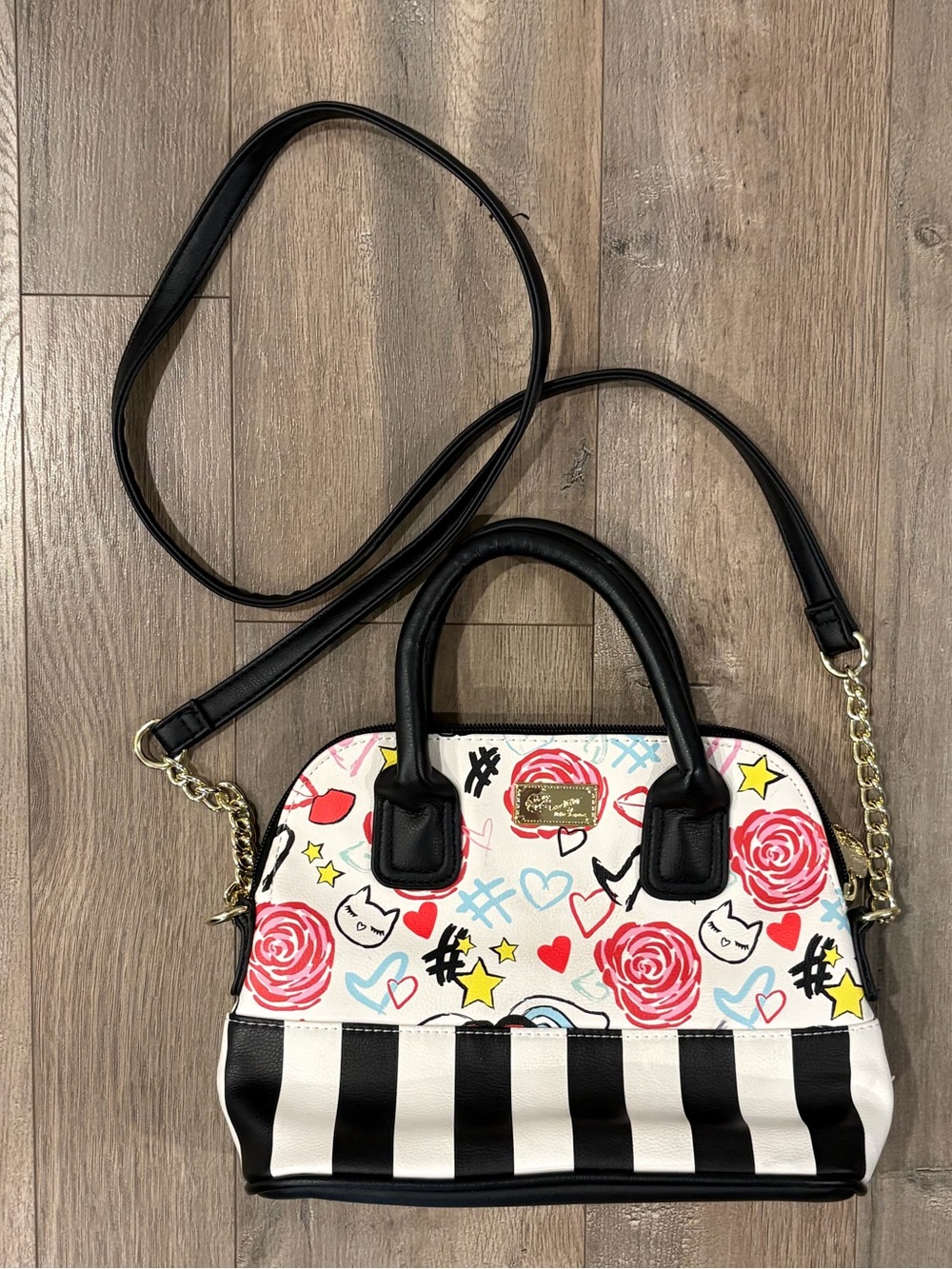 Black & White Striped Crossbody Bag with Floral Doodle Print